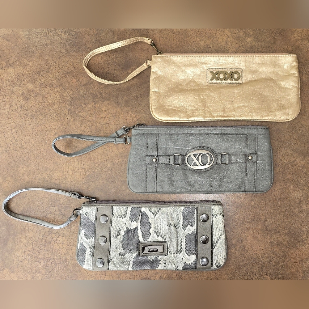 XOXO Clutch and Wristlet Set - Gray, Gold, and Snake Print